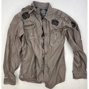 Roar Men's Large Soldier Shirt Button Down Zip Embroidered Patches Military 2XL